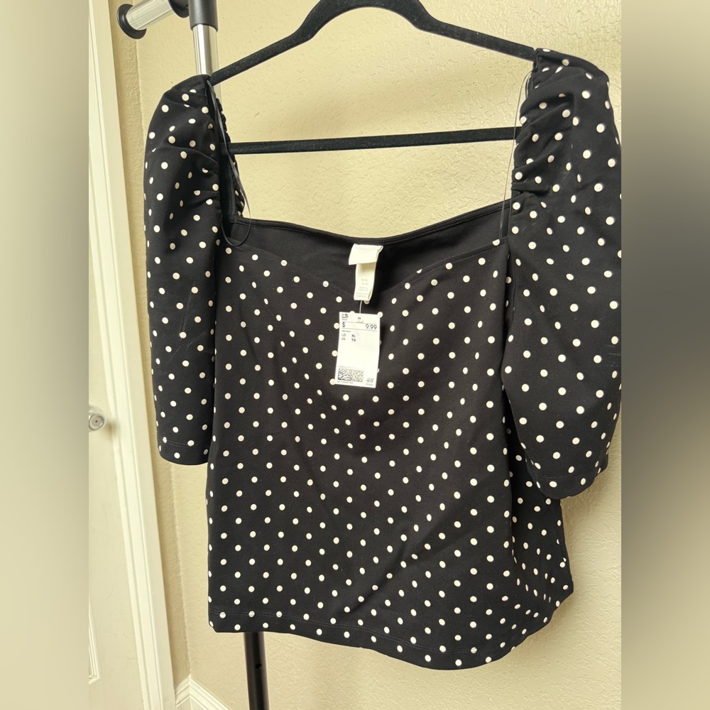Polka Dot Puff Sleeve Top - Black